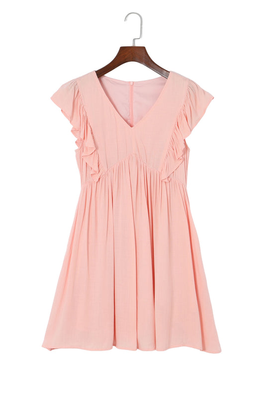 Pink Ruffle Short Sleeves V Neck Pocket Mini Dress