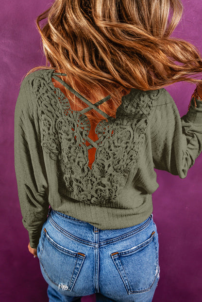 Top de crochet con espalda abierta, cordones y canalé en color avena 