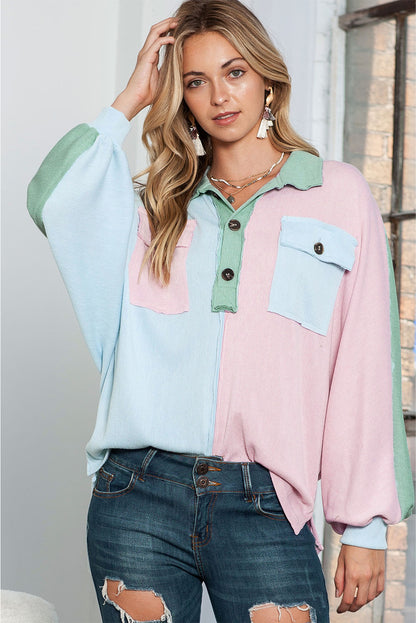 Multicolor Exposed Seam Colorblock Ribbed Oversized Henley Top