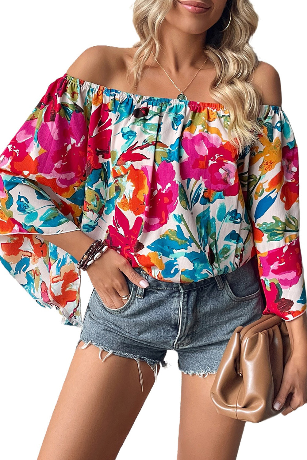 Blusa de manga ancha con hombros descubiertos y estampado floral multicolor