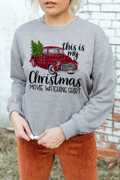 Gray Christmas Letter Plaid Car Graphic Print Pullover Sweatshirt