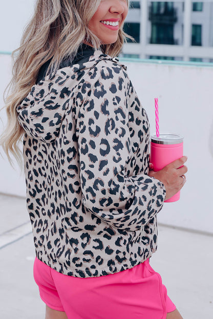 Leopard Zip Up Collared Hooded Windbreaker