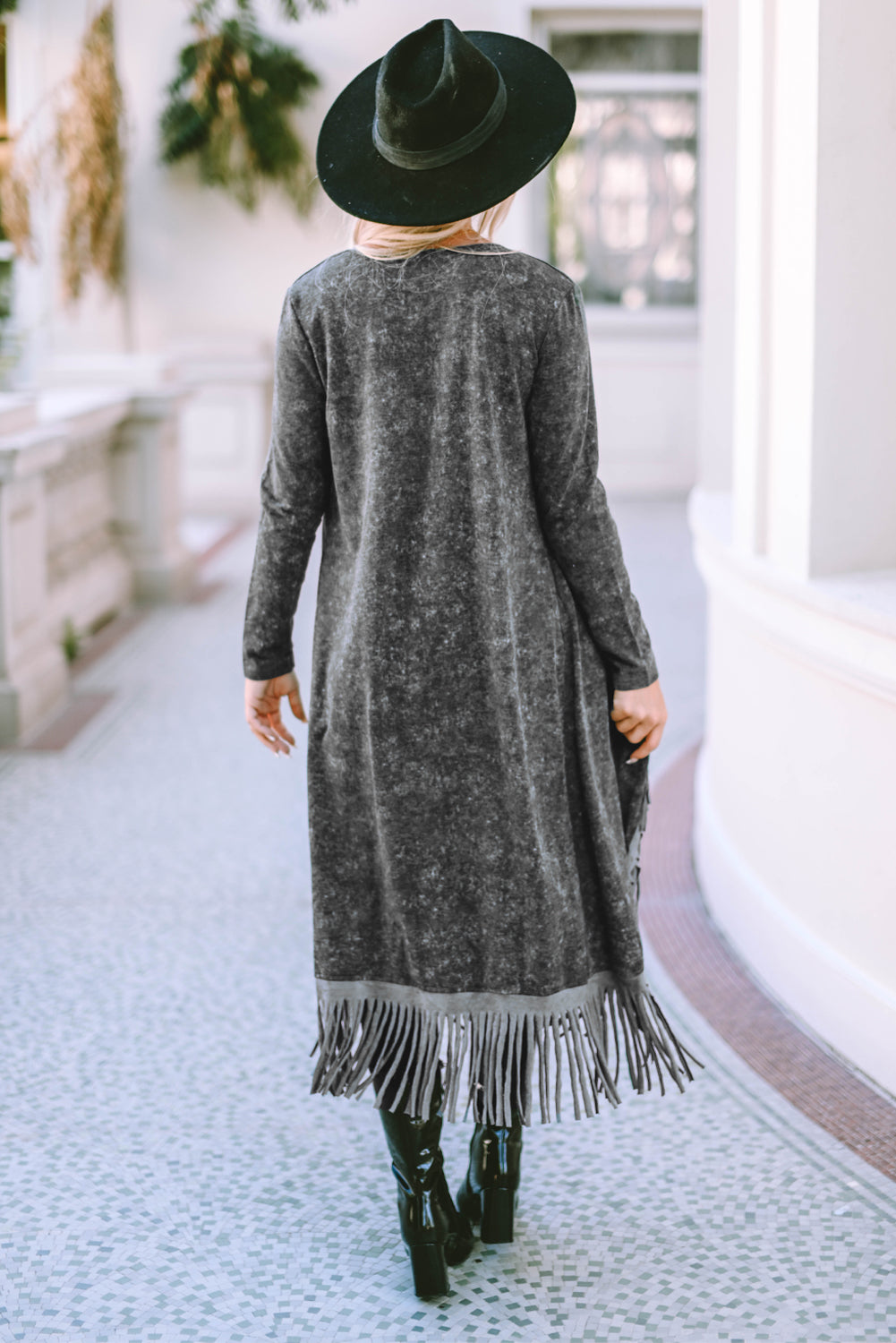 Black Fringed Hem Pocketed Open Cardigan