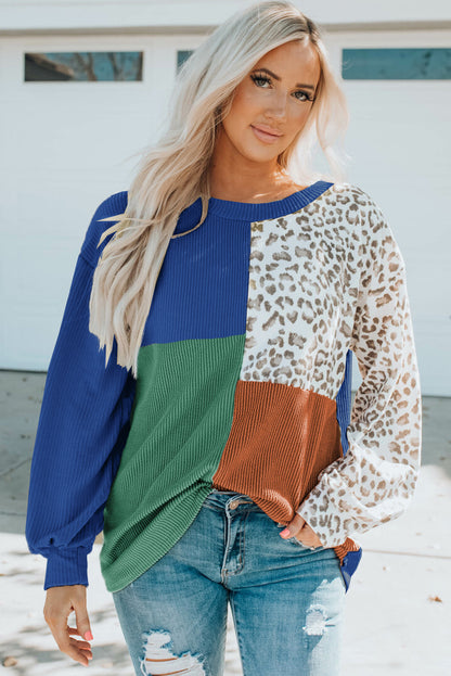 Leopard Patchwork Color Block Ribbed Long Sleeve Top