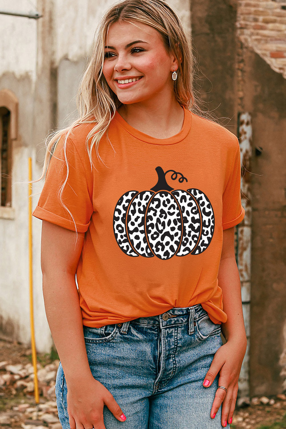 Camiseta de moda diaria con estampado de calabaza y leopardo