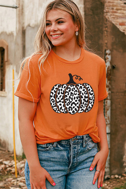 Camiseta de moda diaria con estampado de calabaza y leopardo