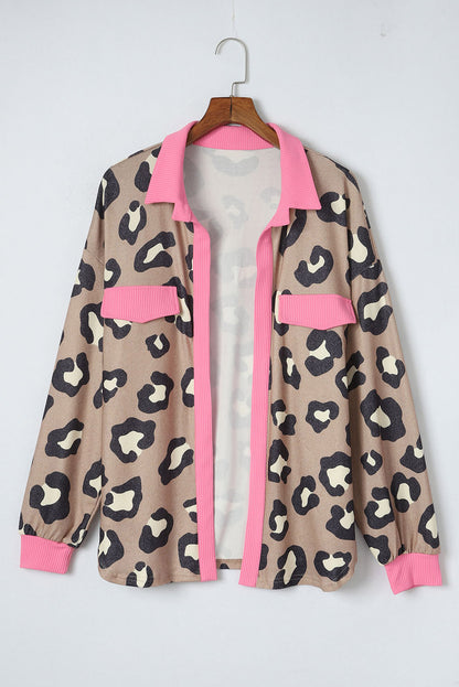 Chaqueta con cuello y ribete en contraste de canalé de leopardo