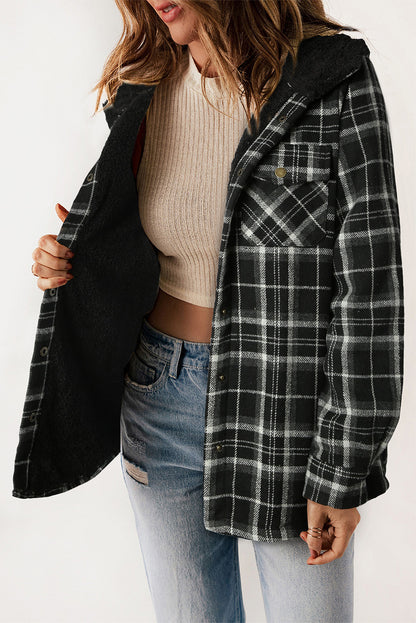 Gray Plaid Pattern Sherpa Lined Hooded Shacket