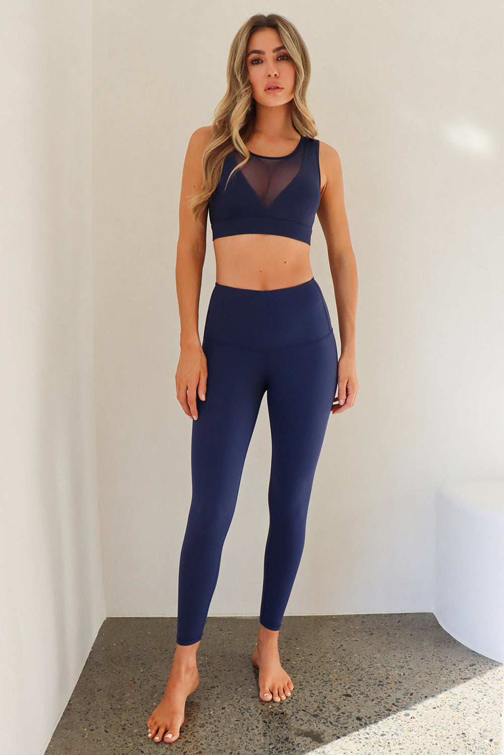 Blue Mesh Splicing Crop Top High Waist Sports Set