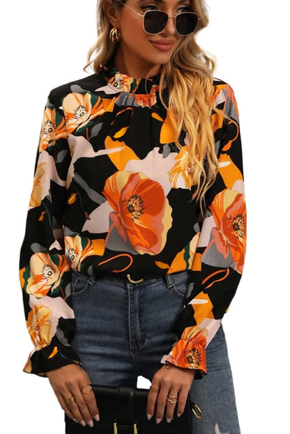 Blusa de cuello alto con estampado floral negro 