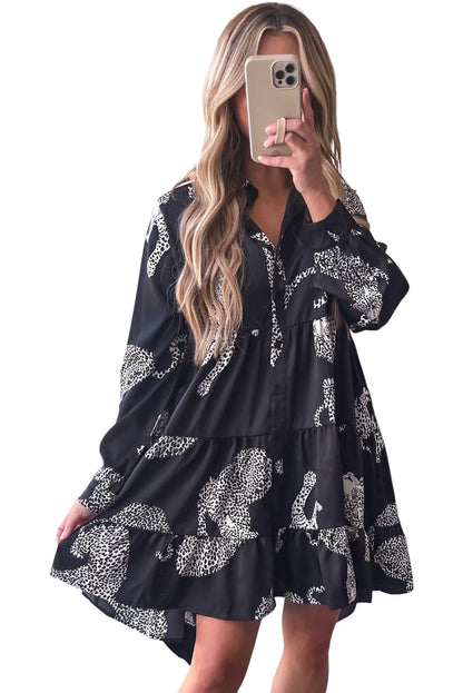 Black Leopard Print Button-up Long Sleeve Shirt Mini Dress