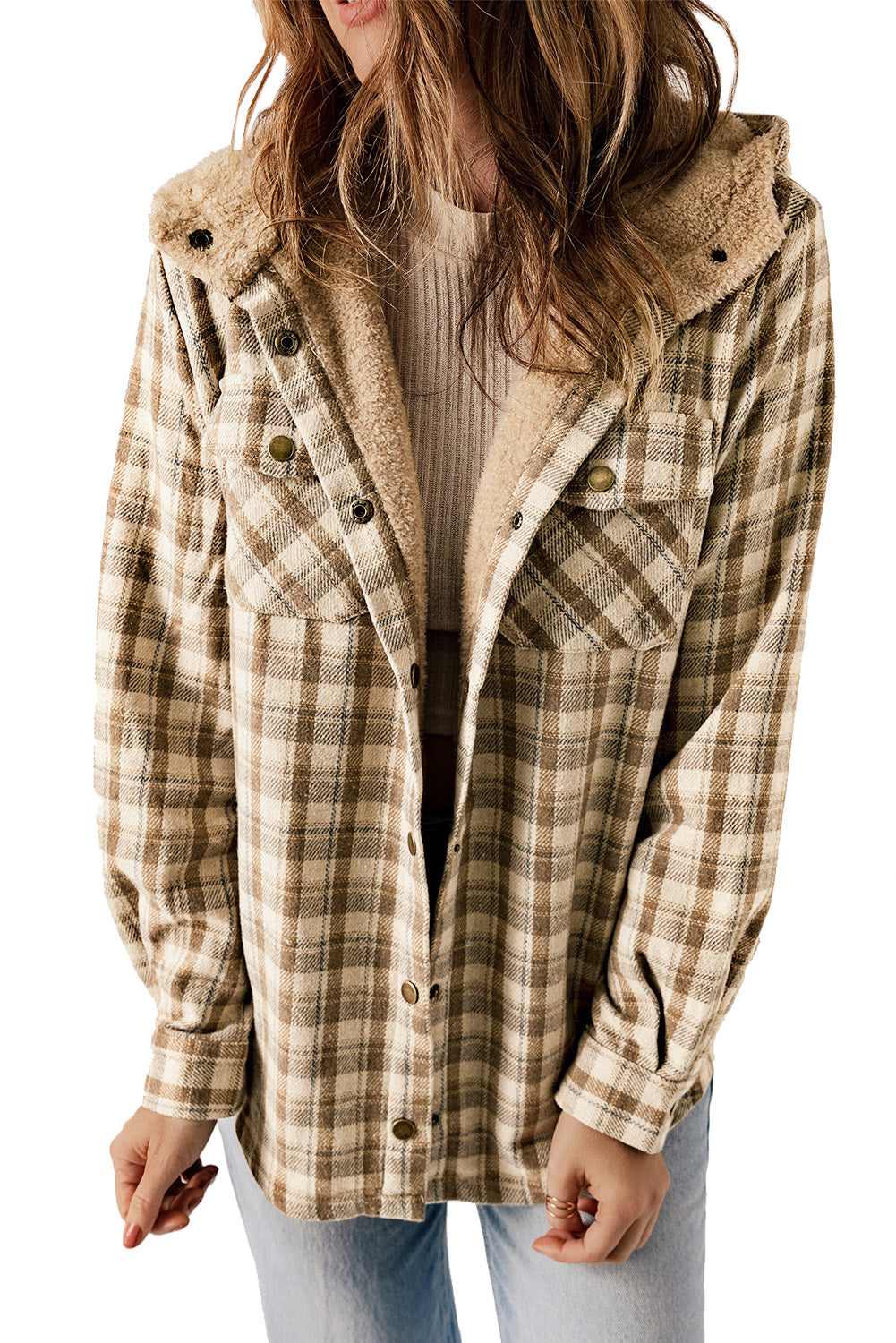 Gray Plaid Pattern Sherpa Lined Hooded Shacket