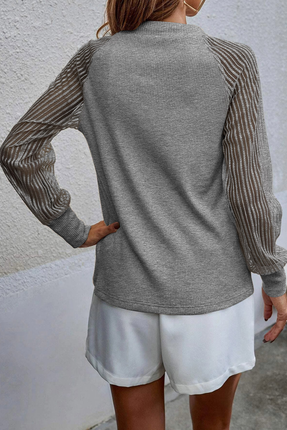 Apricot Striped Mesh Long Sleeve Crewneck Ribbed Top