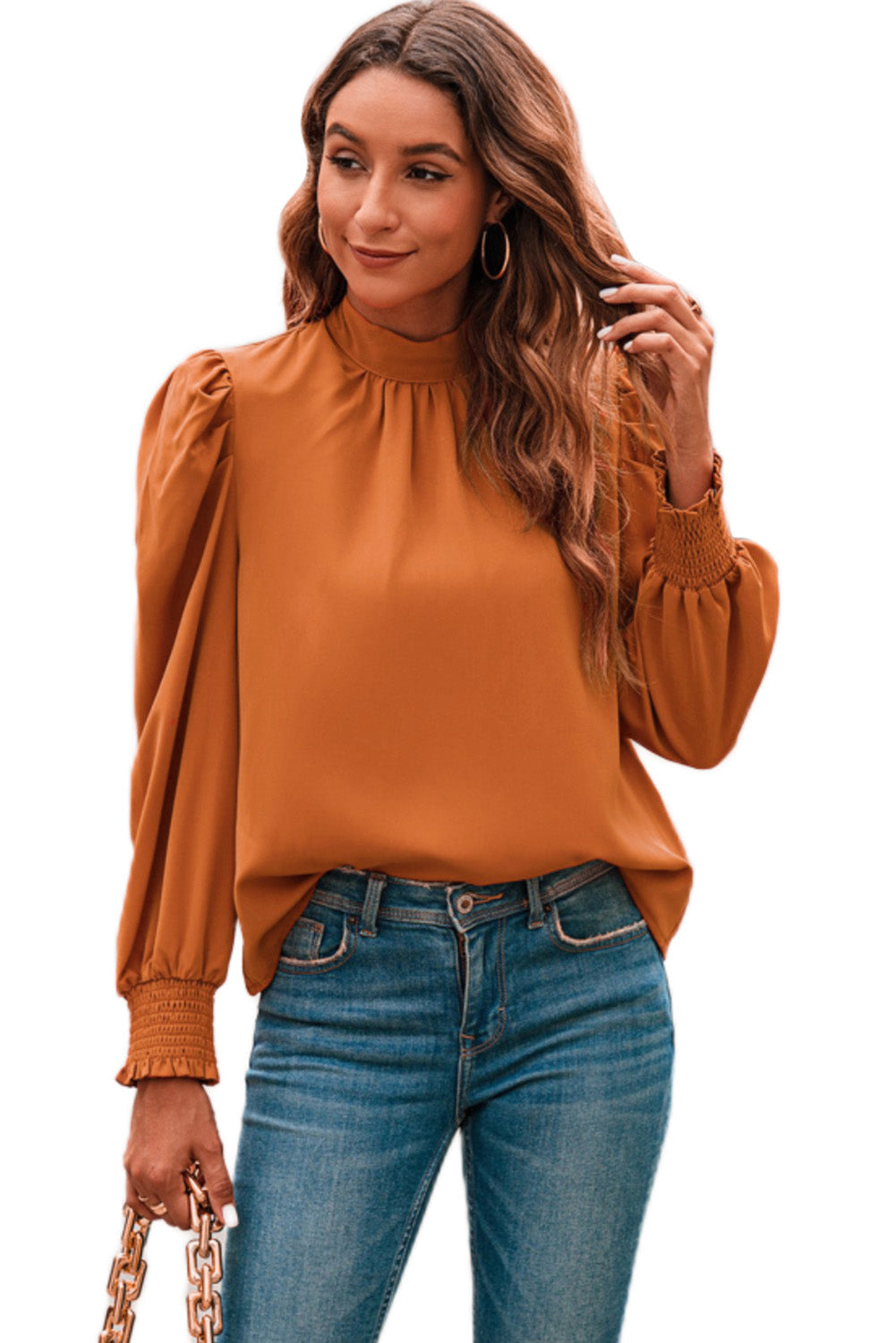 Blusa de gasa con cuello alto y mangas largas abullonadas de color naranja