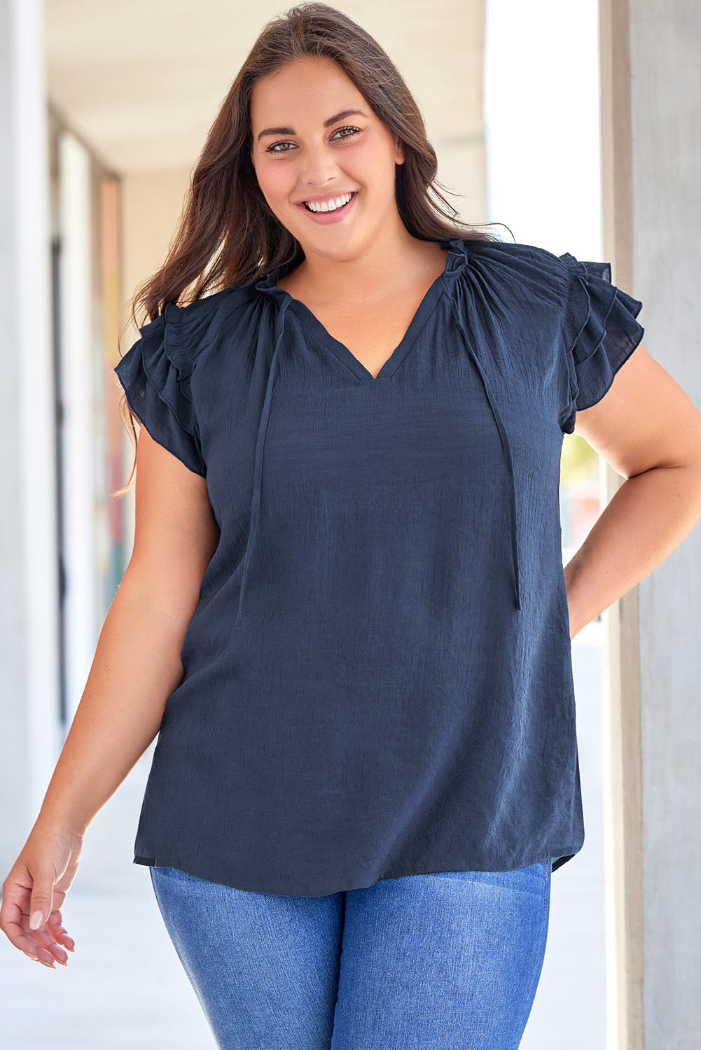 Ruffled Sleeve Drawstring V-Neck Blouse