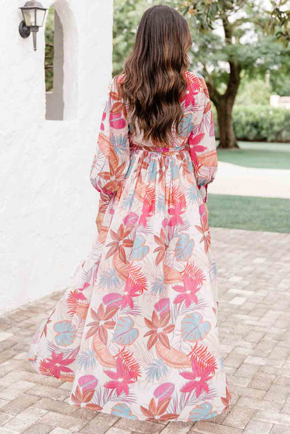 Vestido largo de cintura alta con estampado de palmeras tropicales 