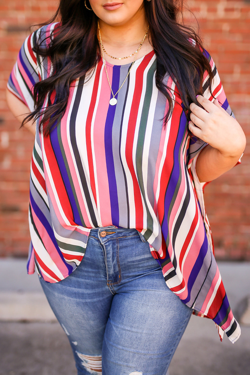 Multicolor Stripe Short Sleeve Flowy Plus Size Blouse