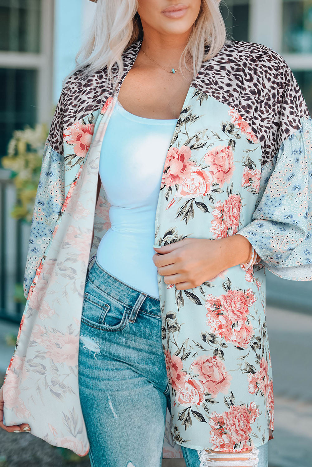 Sky Blue Leopard Floral Mixed Print Wide Sleeves Kimono