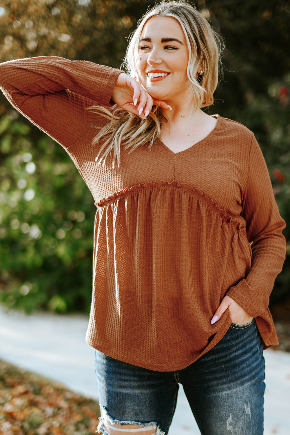 Waffle Knit Ruffled Top