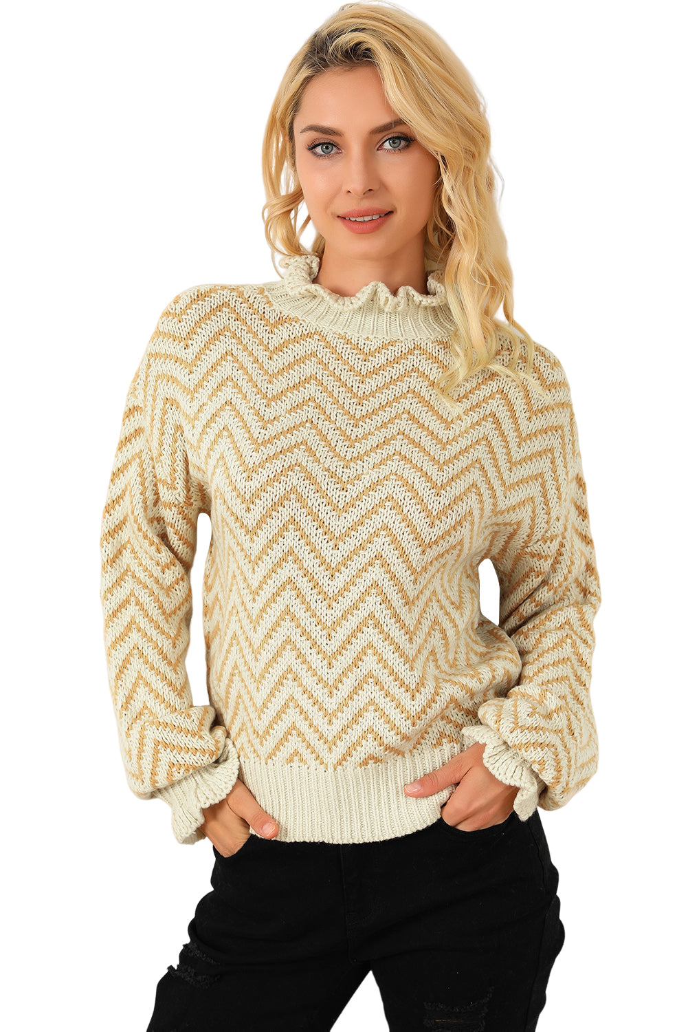 Khaki Chevron Striped High Neck Drop Shoulder Sweater