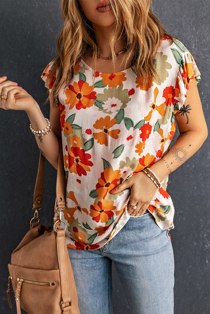 Multicolor Plus Size Floral Flutter Ruffle Sleeves Blouse