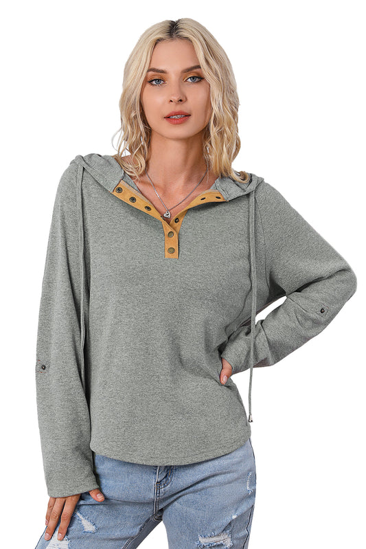 Gray Quarter Buttoned Drawstring Pullover Hoodie