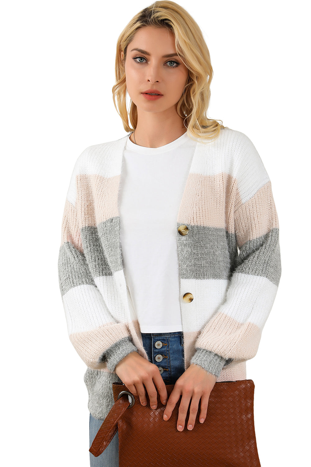 Stripe Color Block Button Front Fuzzy Knit Cardigan