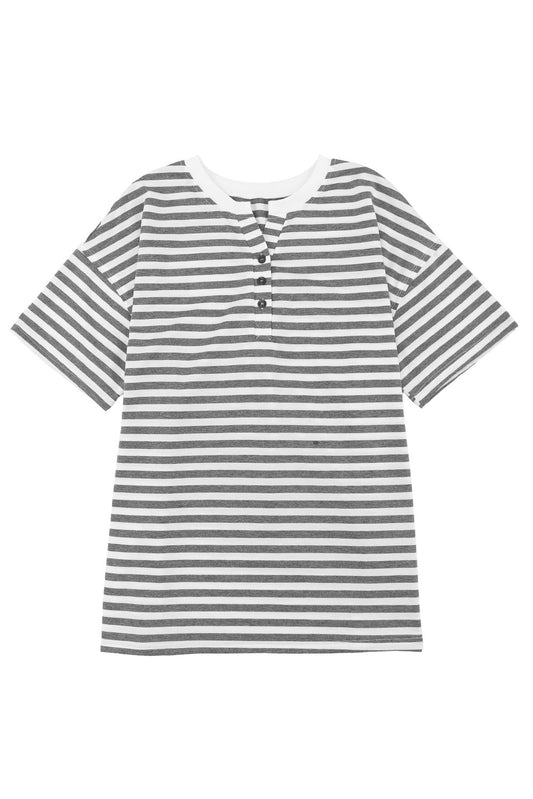 Plus Size Striped Short Sleeve Henley Tee