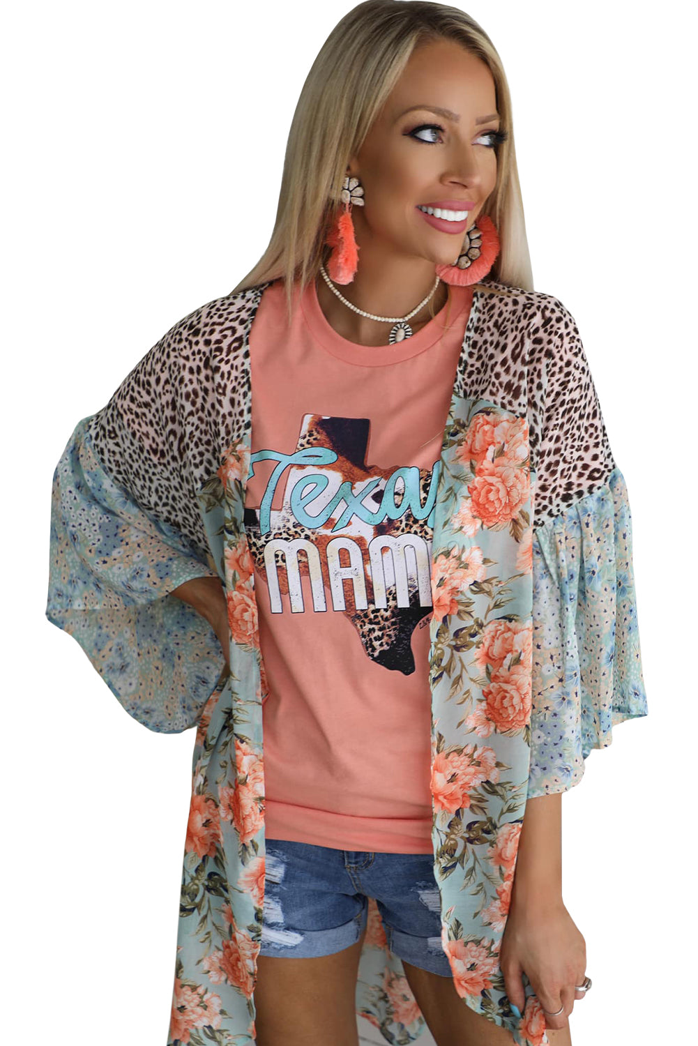 Sky Blue Leopard Floral Mixed Print Wide Sleeves Kimono