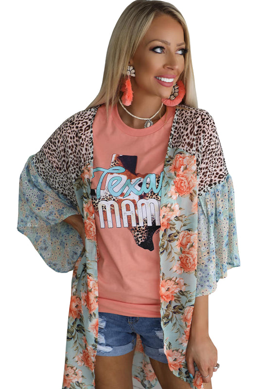 Kimono de manga ancha con estampado floral de leopardo en azul cielo