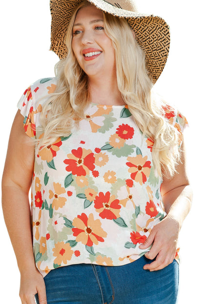 Multicolor Plus Size Floral Flutter Ruffle Sleeves Blouse