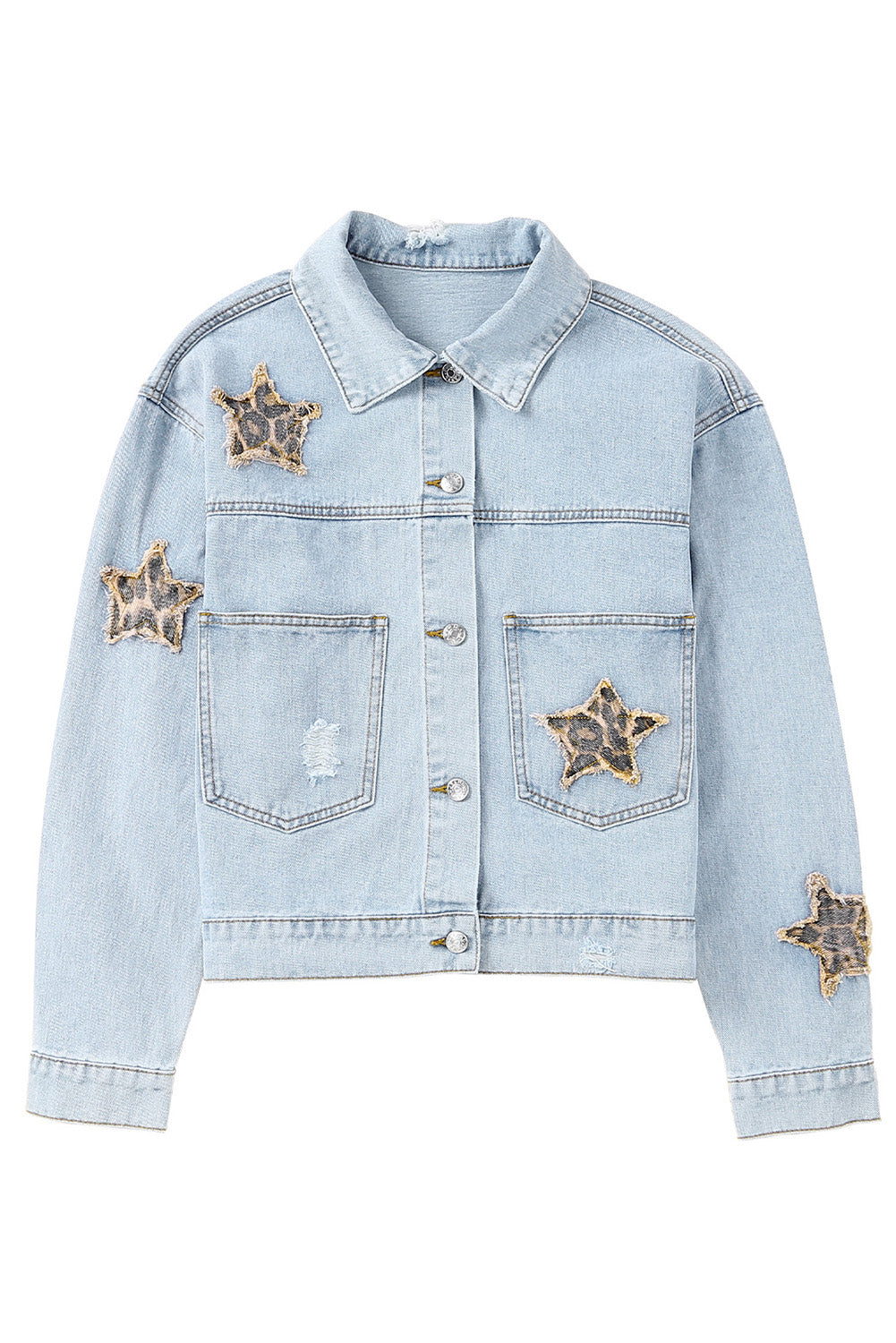 Sky Blue Leopard Star Distressed Cropped Denim Jacket