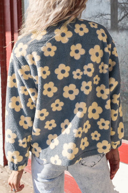 Chaqueta con cuello alto, cremallera y estampado de flores de sherpa en gris oscuro 