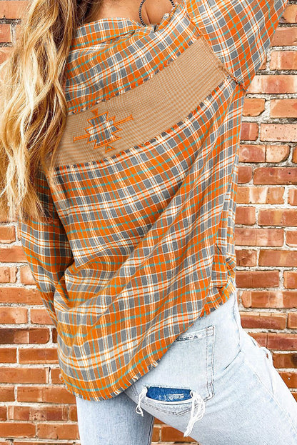 Embark on the boldest of fashion journeys with the Button-Down Plaid Shacket. Dive into the deep waters of adventure with an Aztec embroidered patch on the back. This style isn't afraid to get a bit wild with exposed seams and frayed details. The button-up style, two chest pockets, and collared 100% Cotton make it top-of-the-line. Put your best foot forward in this Mooodz Boutique exclusive!