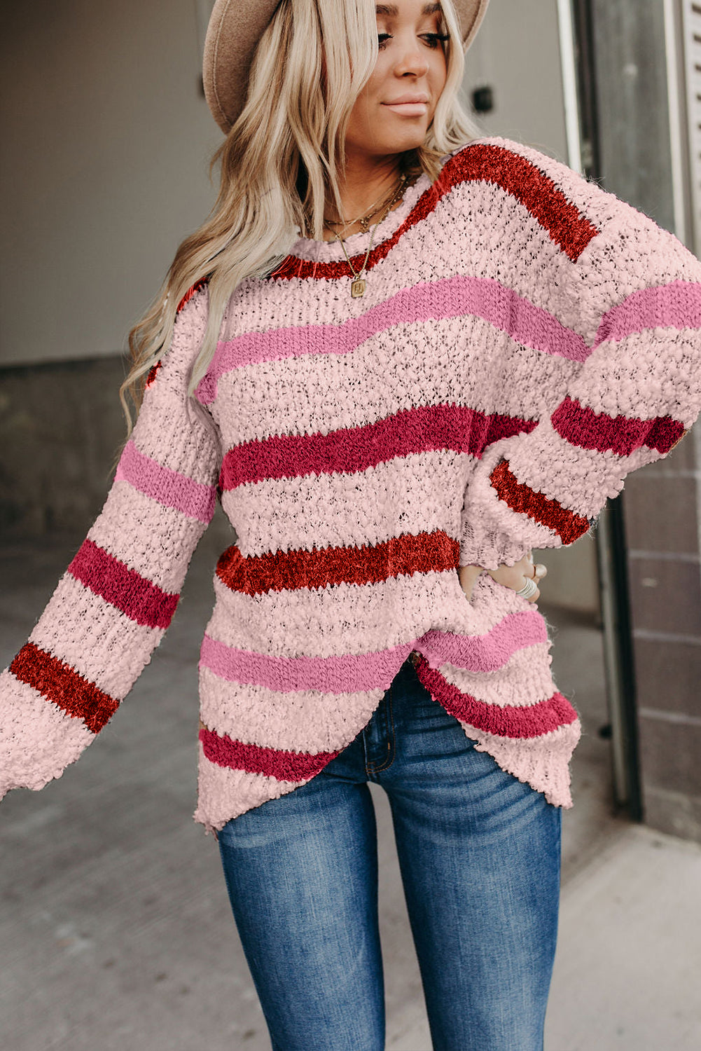 Light Pink Striped Popcorn Knit Sweater