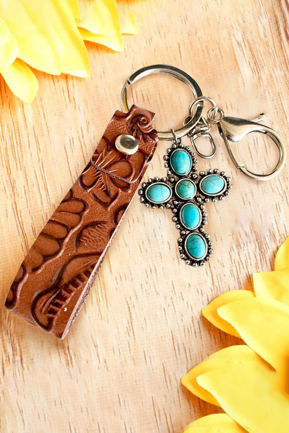 Brown Vintage Embossed Turquoise Leather Key Chain