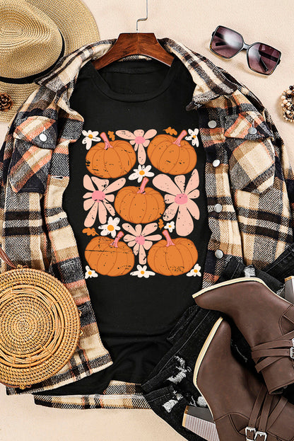 Black Halloween Sunflower Pumpkin Graphic Tee