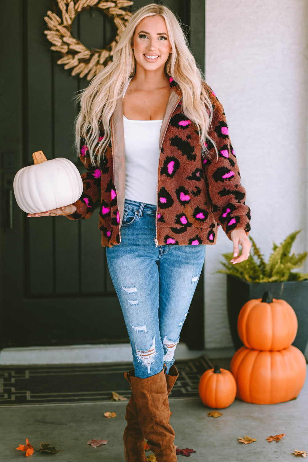 Chaqueta de peluche de sherpa con cuello alto y cremallera de leopardo