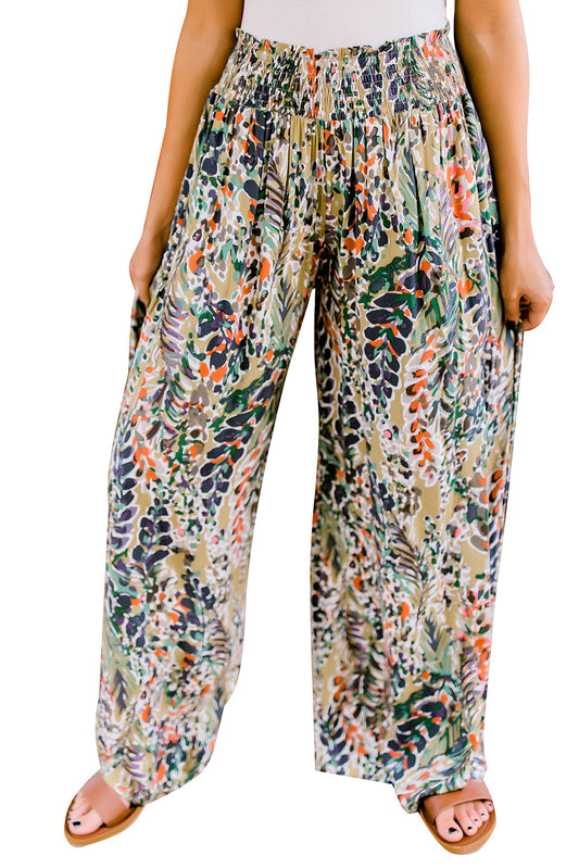 Pantalones casuales de pierna ancha y cintura alta con frunces y estampado floral multicolor 