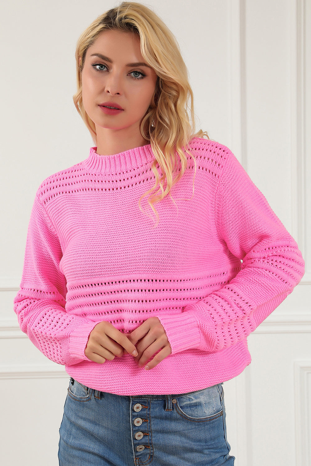 Pink Solid Color Cable Knit Eyelets Mock Neck Sweater