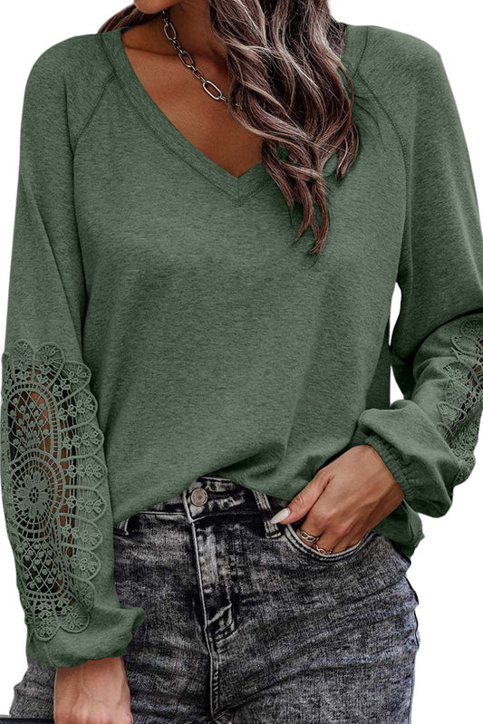 Green Crochet Lace Patch Raglan Sleeve Top