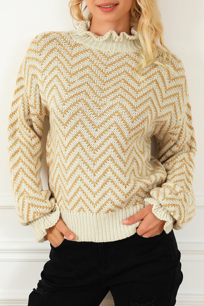 Khaki Chevron Striped High Neck Drop Shoulder Sweater