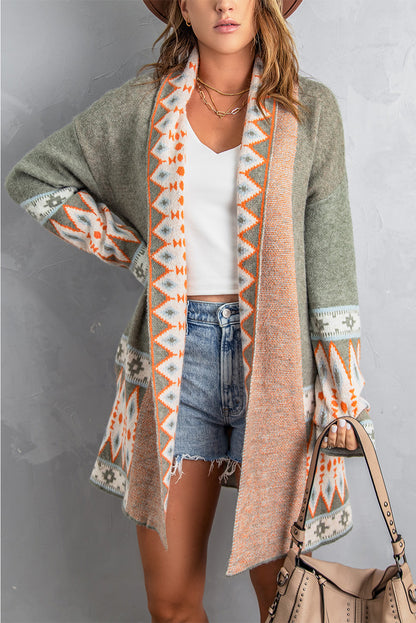 Green Aztec Print Open Front Knitted Cardigan