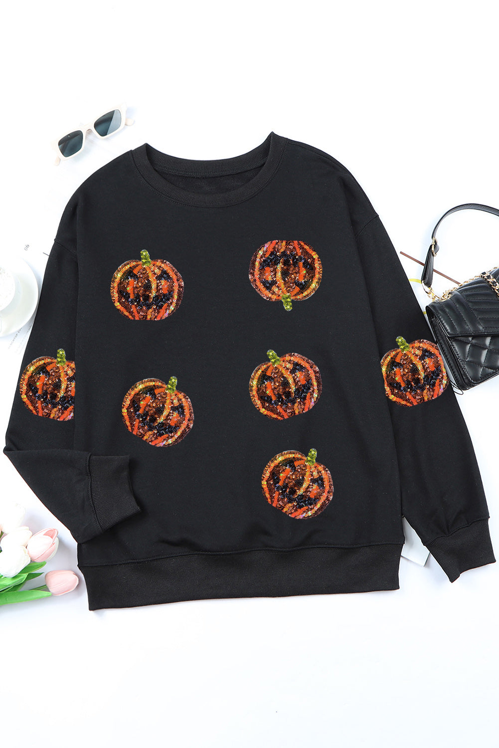 White Sequin Halloween Pumpkin Graphic Pullover Sweatshirt