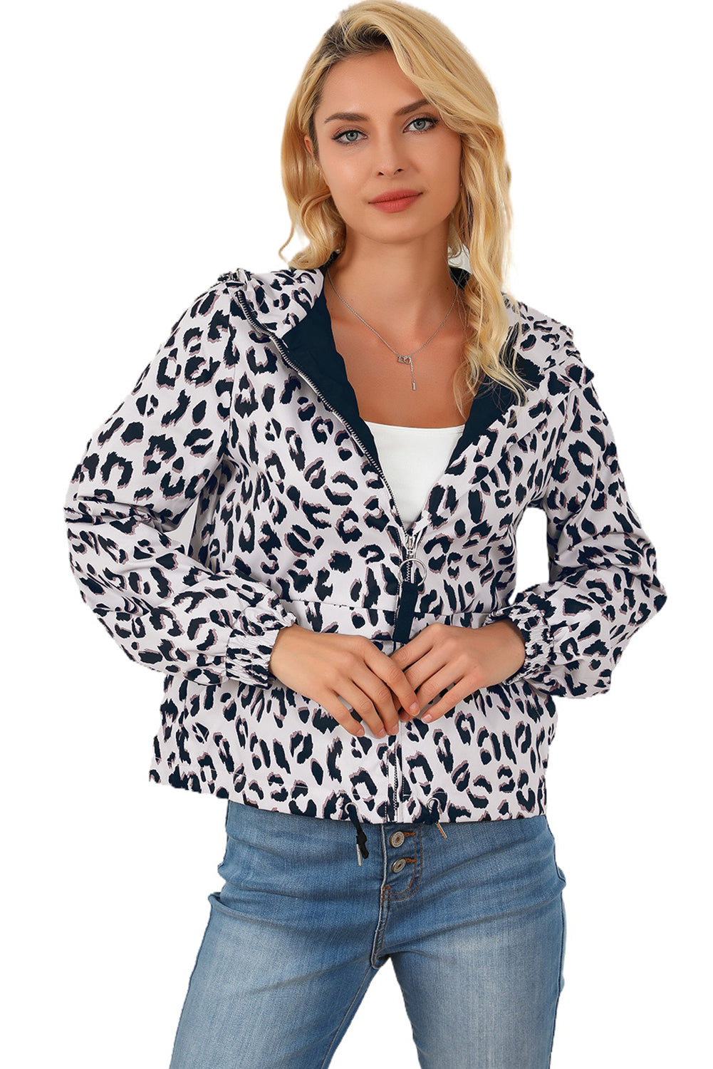 Leopard Zip Up Collared Hooded Windbreaker