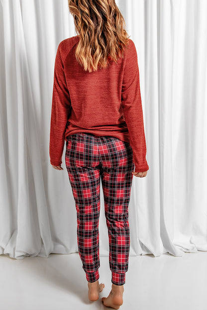 Conjunto de pantalón y top a cuadros con gráfico navideño rojo FELIZ