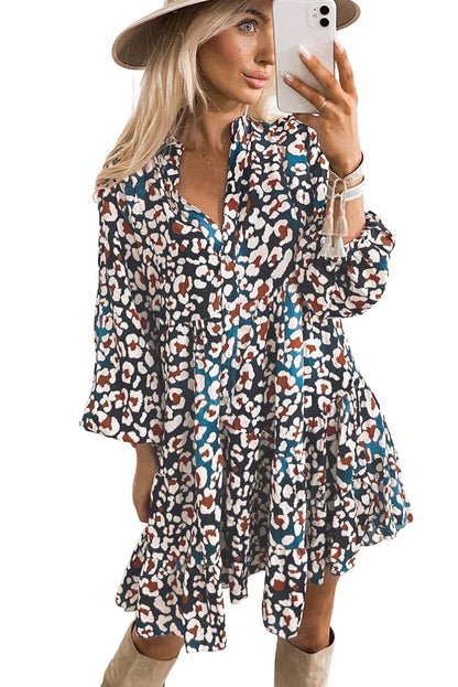 Vestido camisero con volantes y mangas abullonadas con estampado de leopardo azul 