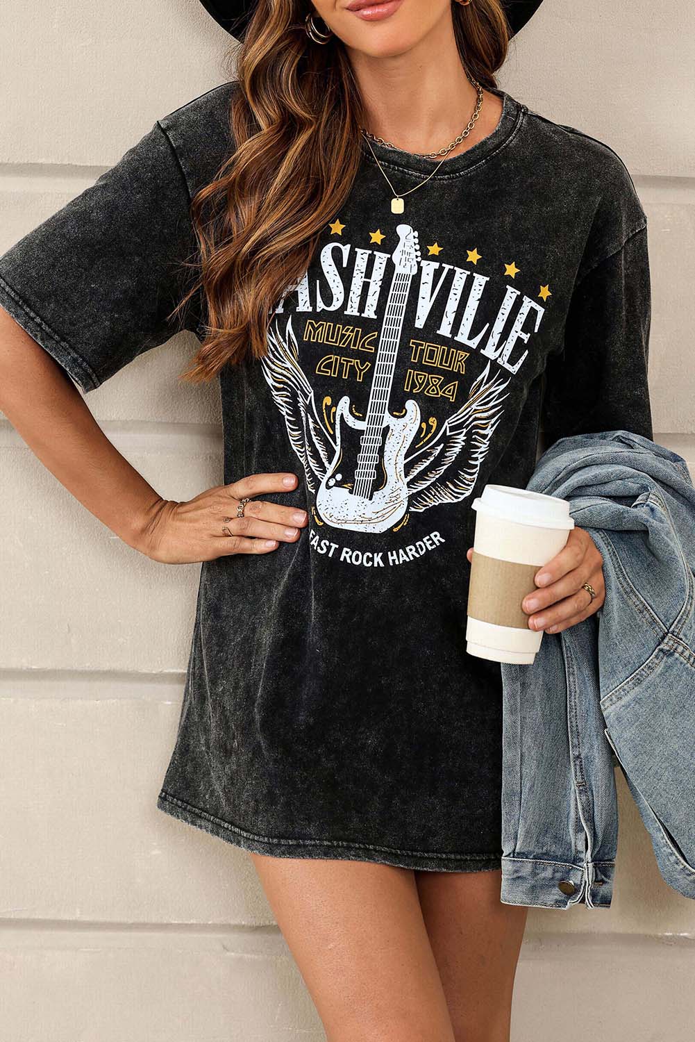 Camiseta gráfica vintage NASHVILLE con lavado mineral negro 