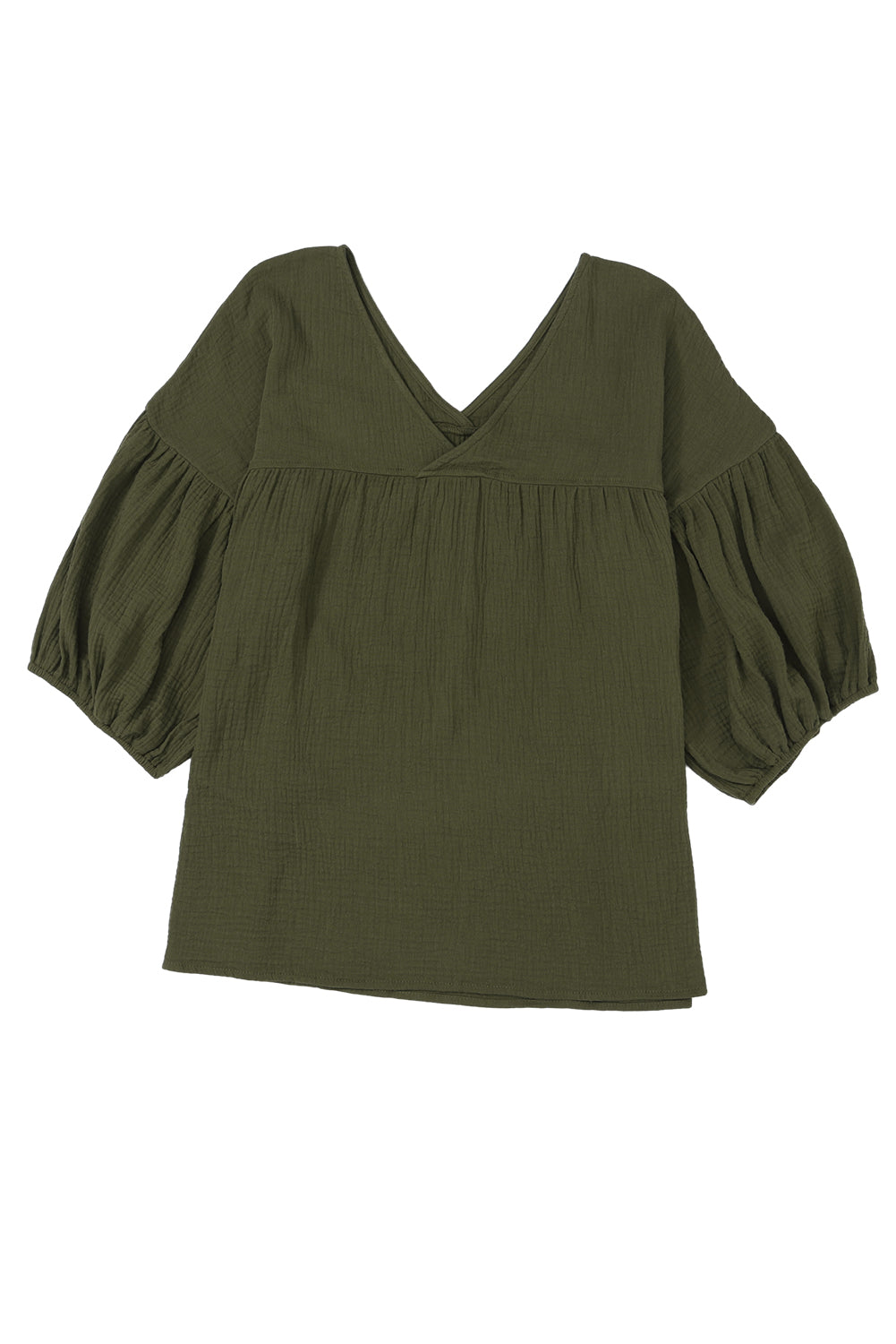 Green Textured V Neck Bracelet Sleeve Babydoll Blouse