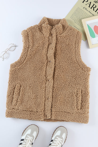 Brown Snap Button Pocketed Sherpa Vest Jacket